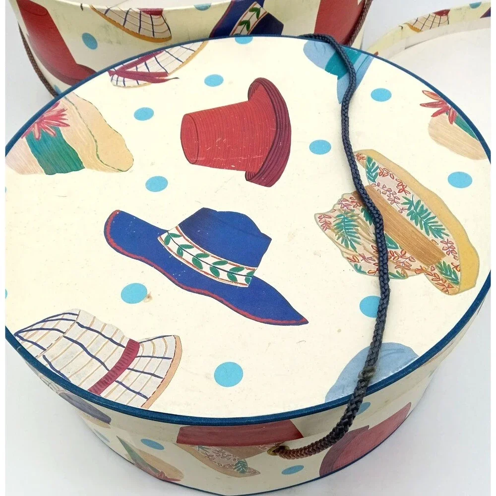 Vintage Set of 2 Nesting Hat Storage Boxes Fun Retro Hat Design 14